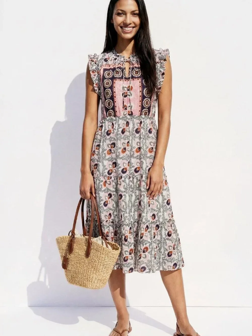 FIGUE Clara Tiered Midi Dress in Water Lily Brown Flowy Boho Sleeveless Shift LG